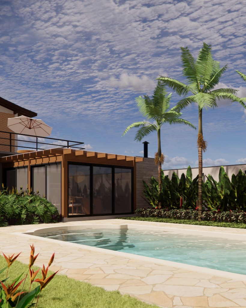 Projeto autoral da SALA: casa contemporânea com piscina, paisagismo tropical e palmeiras